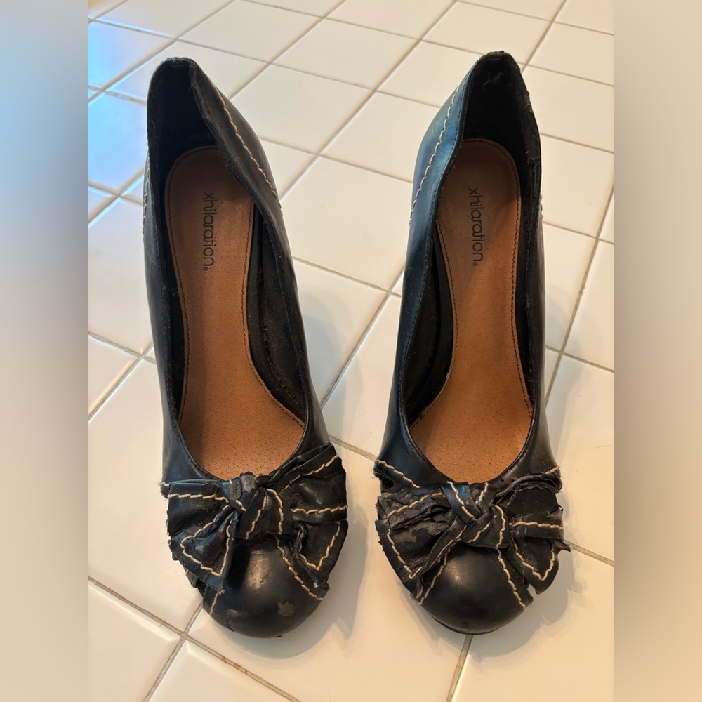 Black Heels Bow round toe closed chunky casual dance travel summer winter sexy